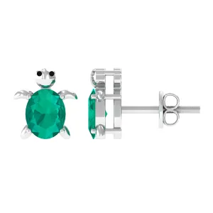 0.75 CT Oval Shaped Emerald Solitaire Turtle Stud Earrings