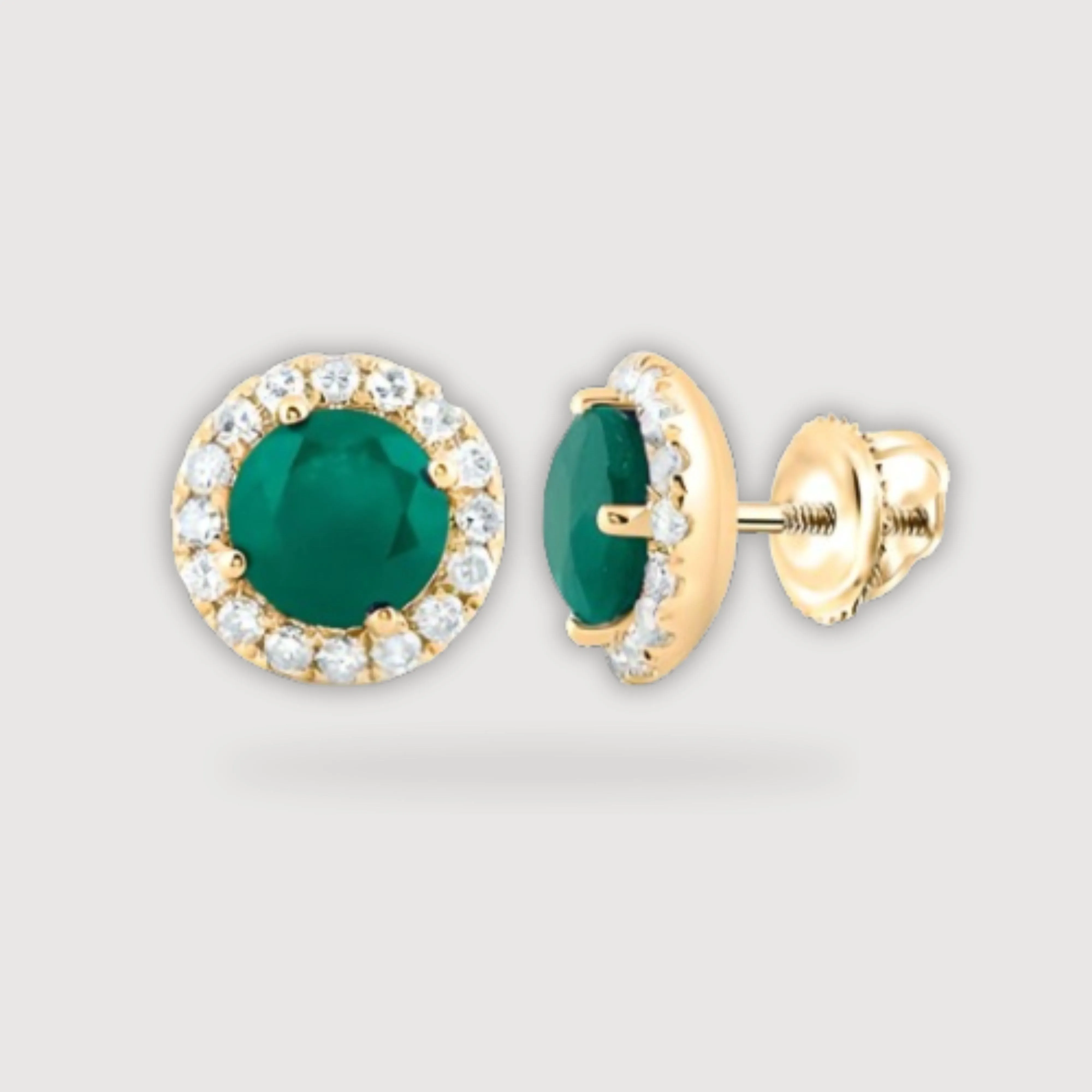 1-1/5CTW Round Emerald Diamond Halo Stud Earrings - 14K Yellow Gold