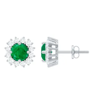 1 CT Emerald Stud Earrings with Diamond Halo