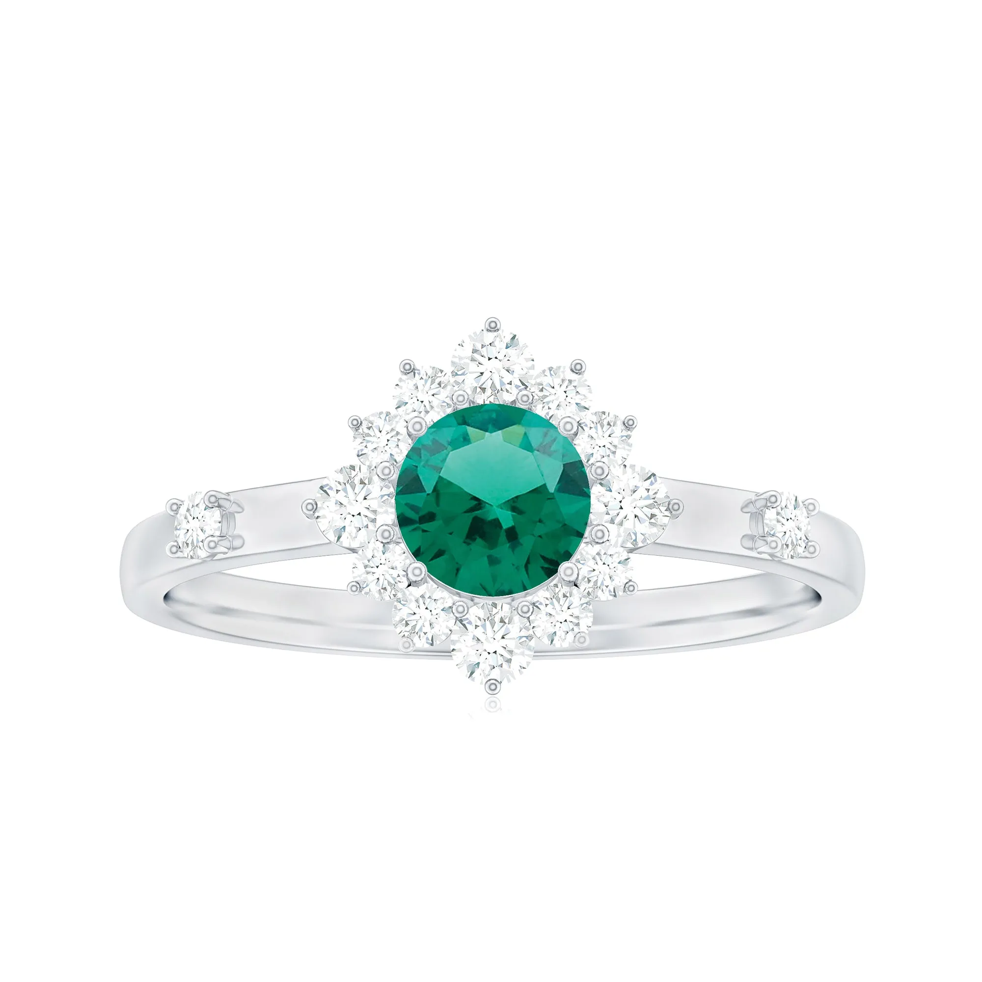 1 CT Round Created Emerald Classic Halo Engagement Ring with Diamond