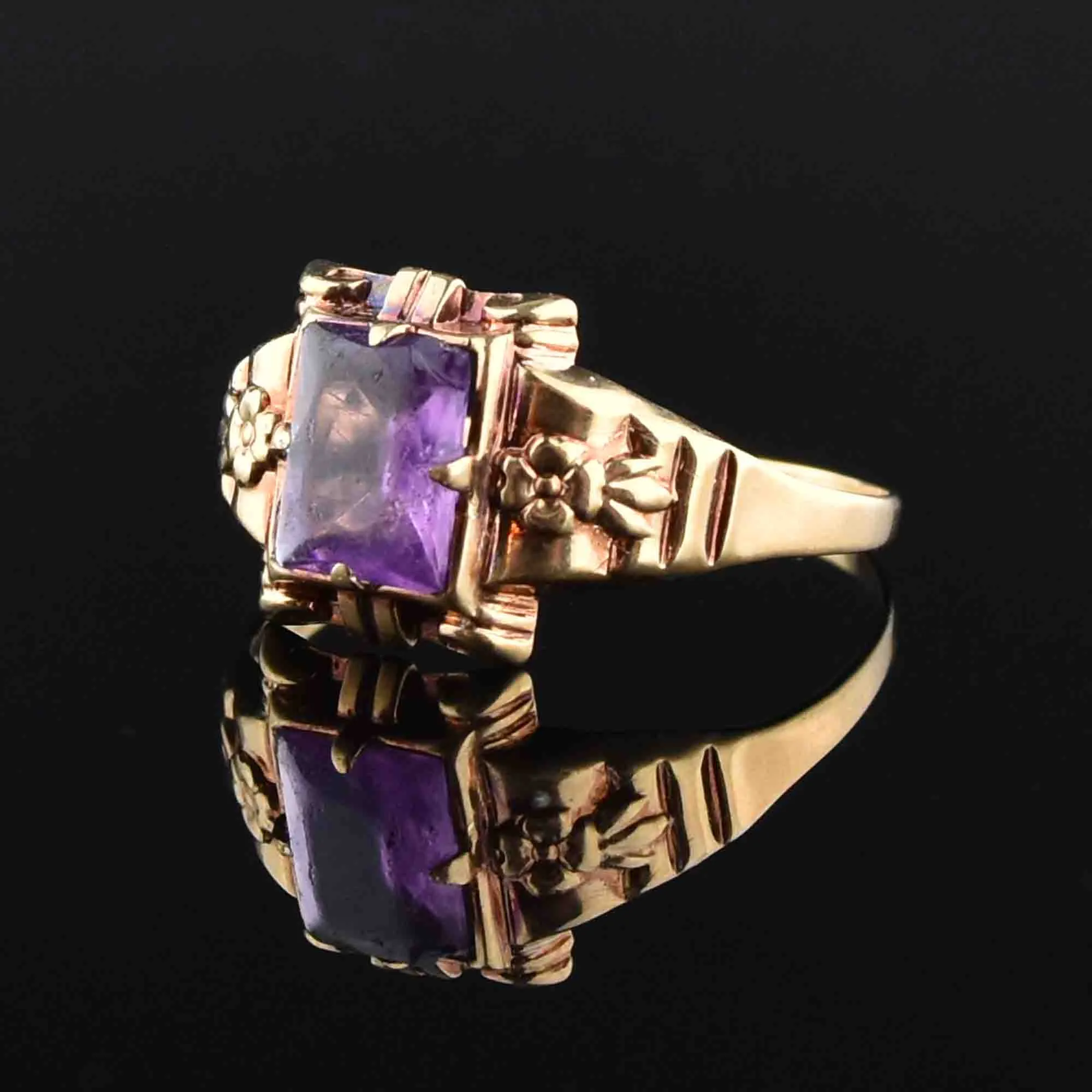 10K Gold Floral Emerald Cut Amethyst Ring