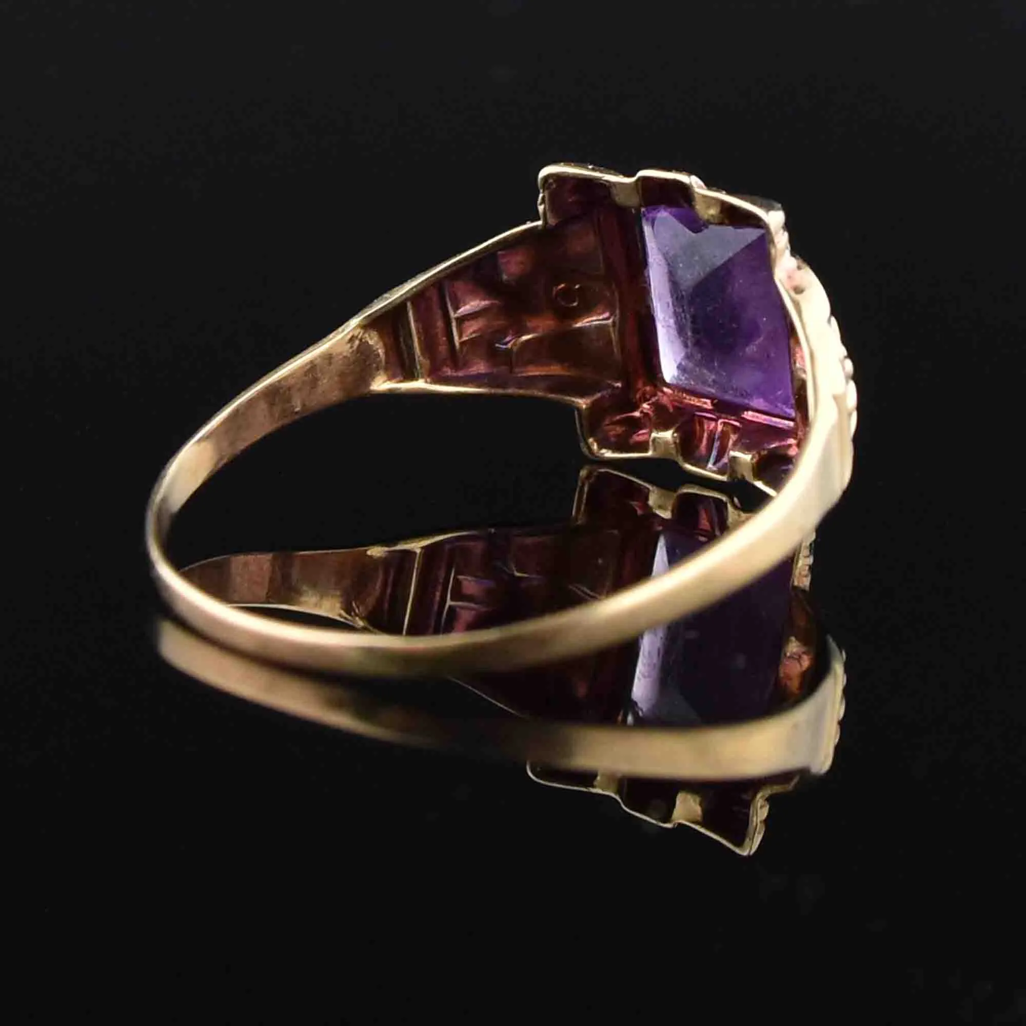 10K Gold Floral Emerald Cut Amethyst Ring