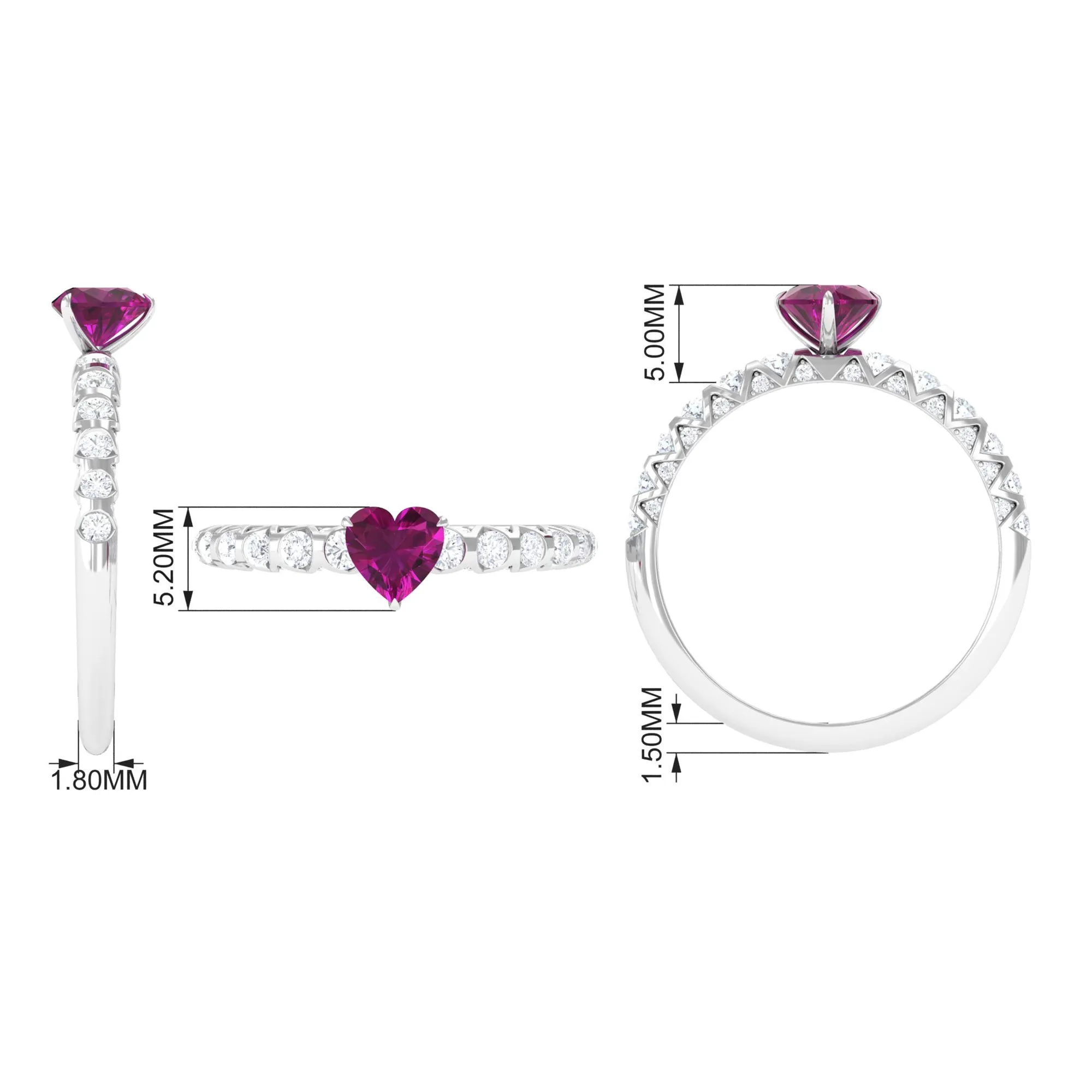 1.25 CT Claw Set Heart Shape Rhodolite and Diamond Engagement Ring