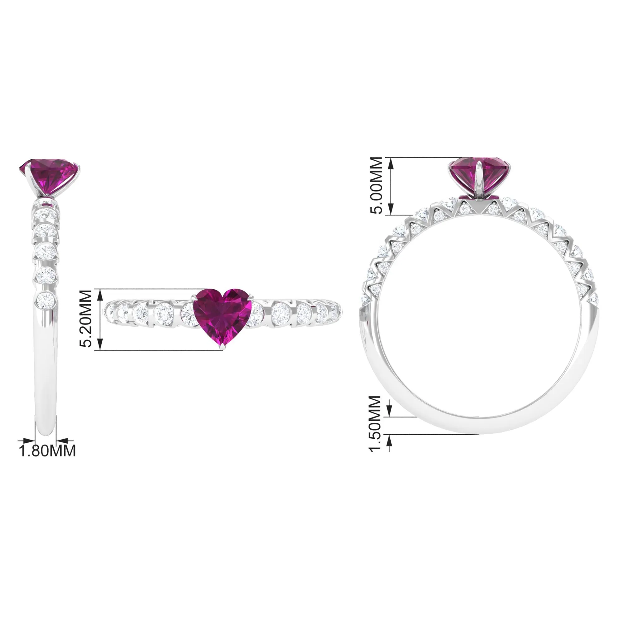 1.25 CT Claw Set Heart Shape Rhodolite and Diamond Engagement Ring