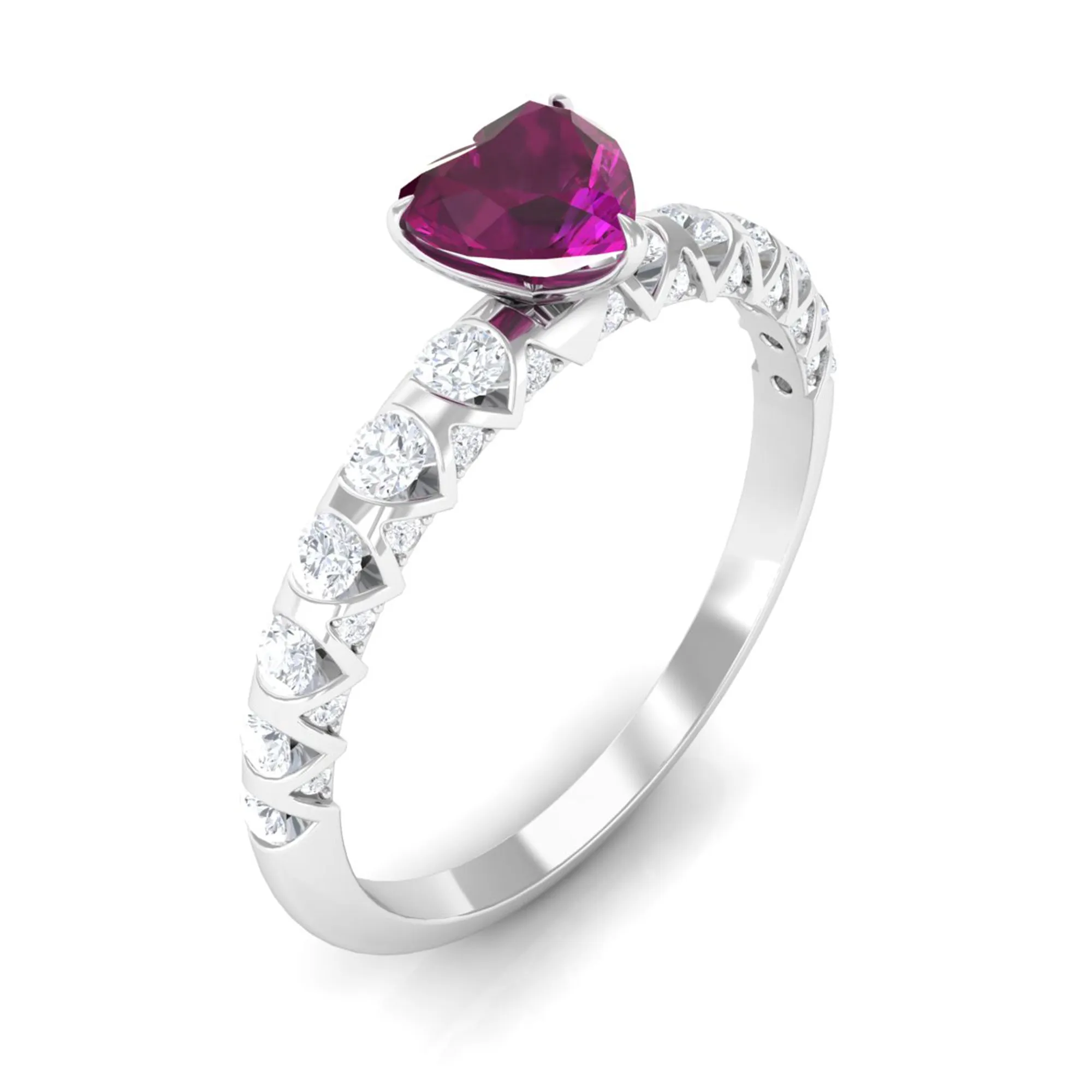 1.25 CT Claw Set Heart Shape Rhodolite and Diamond Engagement Ring