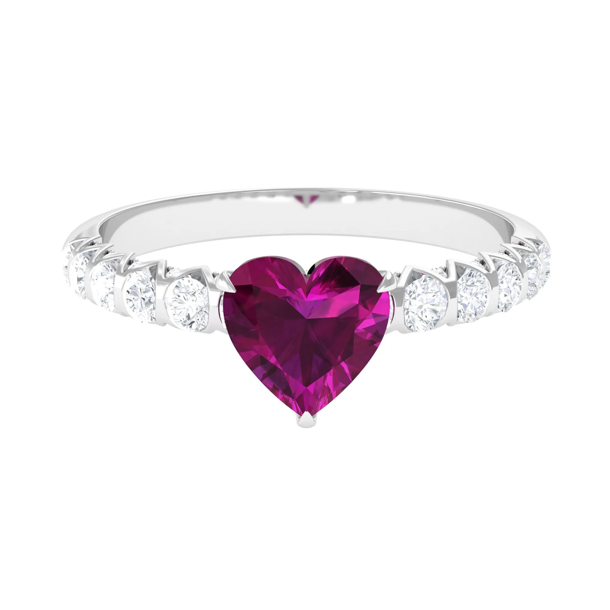 1.25 CT Claw Set Heart Shape Rhodolite and Diamond Engagement Ring