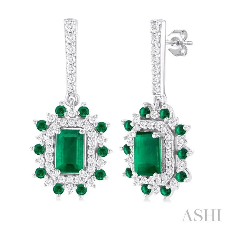 1/3 ctw 5X3MM & 1.45MM Emerald and Round Cut Diamond Precious Earring in 14K White Gold