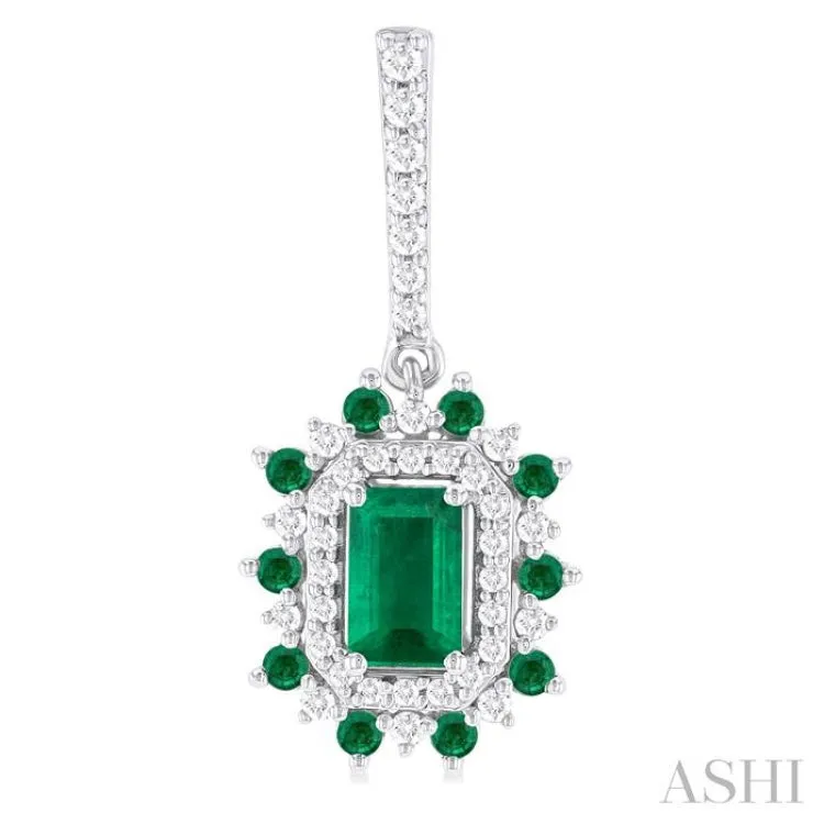 1/3 ctw 5X3MM & 1.45MM Emerald and Round Cut Diamond Precious Earring in 14K White Gold