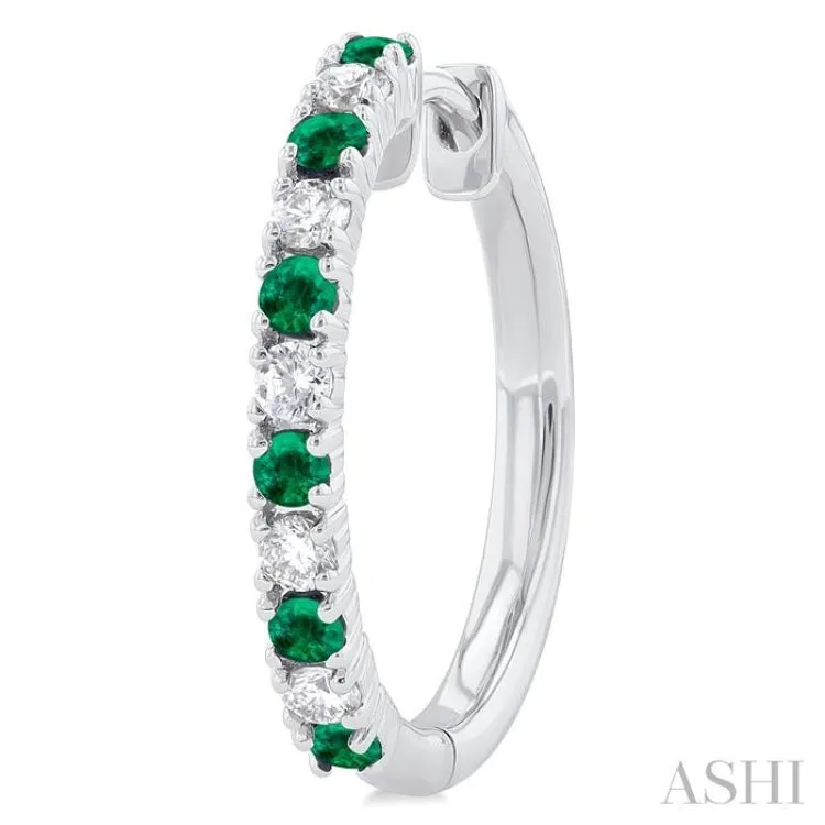 1/4 ctw Petite 1.80MM Emerald and Round Cut Diamond Precious Fashion Huggies in 10K White Gold