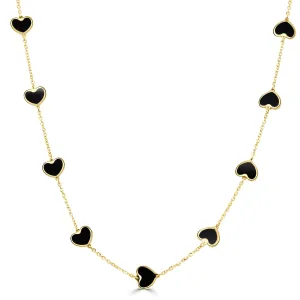 14k Gold & Onyx Heart Station Necklace