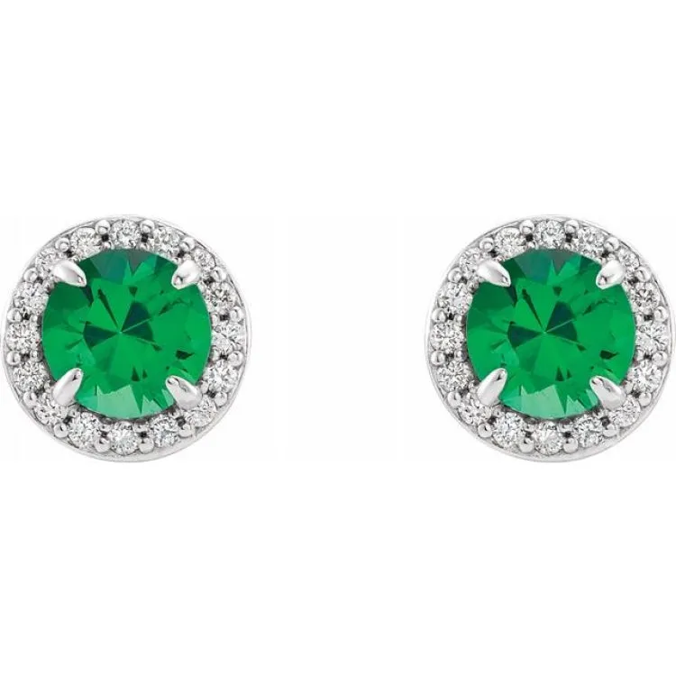 14K White 5 mm Lab-Grown Emerald & 1/8 CTW Natural Diamond Earrings