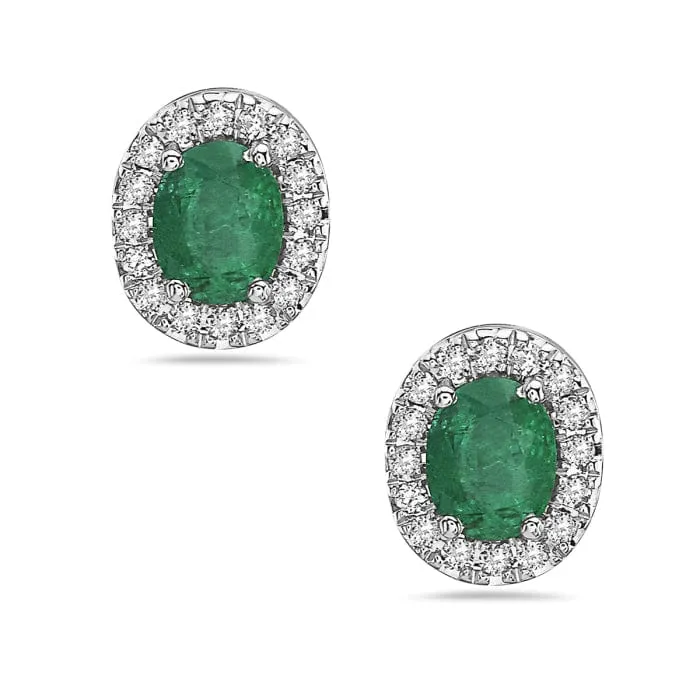 14K White Gold Diamond and Emerald Halo Stud Earrings