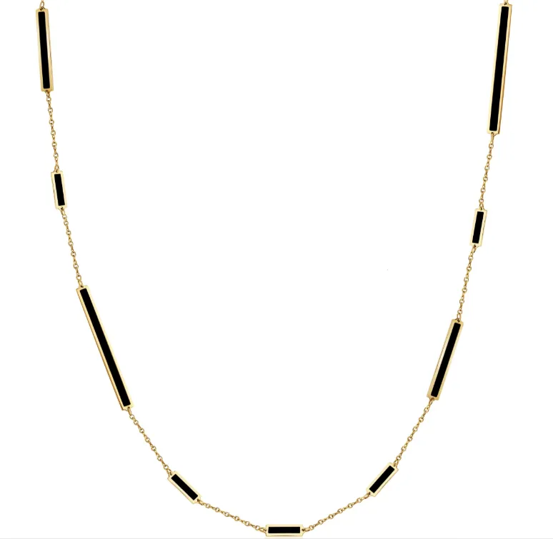 14k Yellow Gold Black Onyx Mixed Bar Rectangle Station Necklace (I8437)