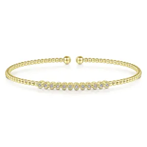 14K Yellow Gold Bujukan Bead Cuff Bracelet with Bezel Set Diamond Stations