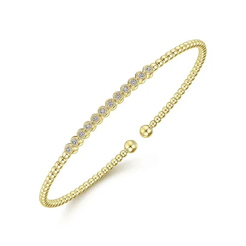 14K Yellow Gold Bujukan Bead Cuff Bracelet with Bezel Set Diamond Stations