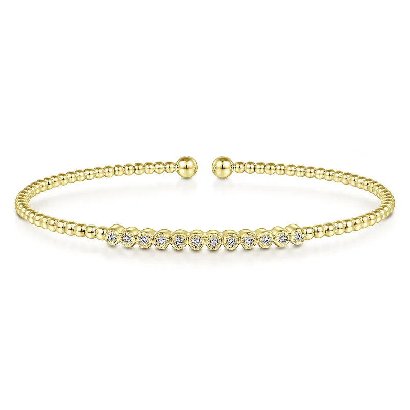 14K Yellow Gold Bujukan Bead Cuff Bracelet with Bezel Set Diamond Stations