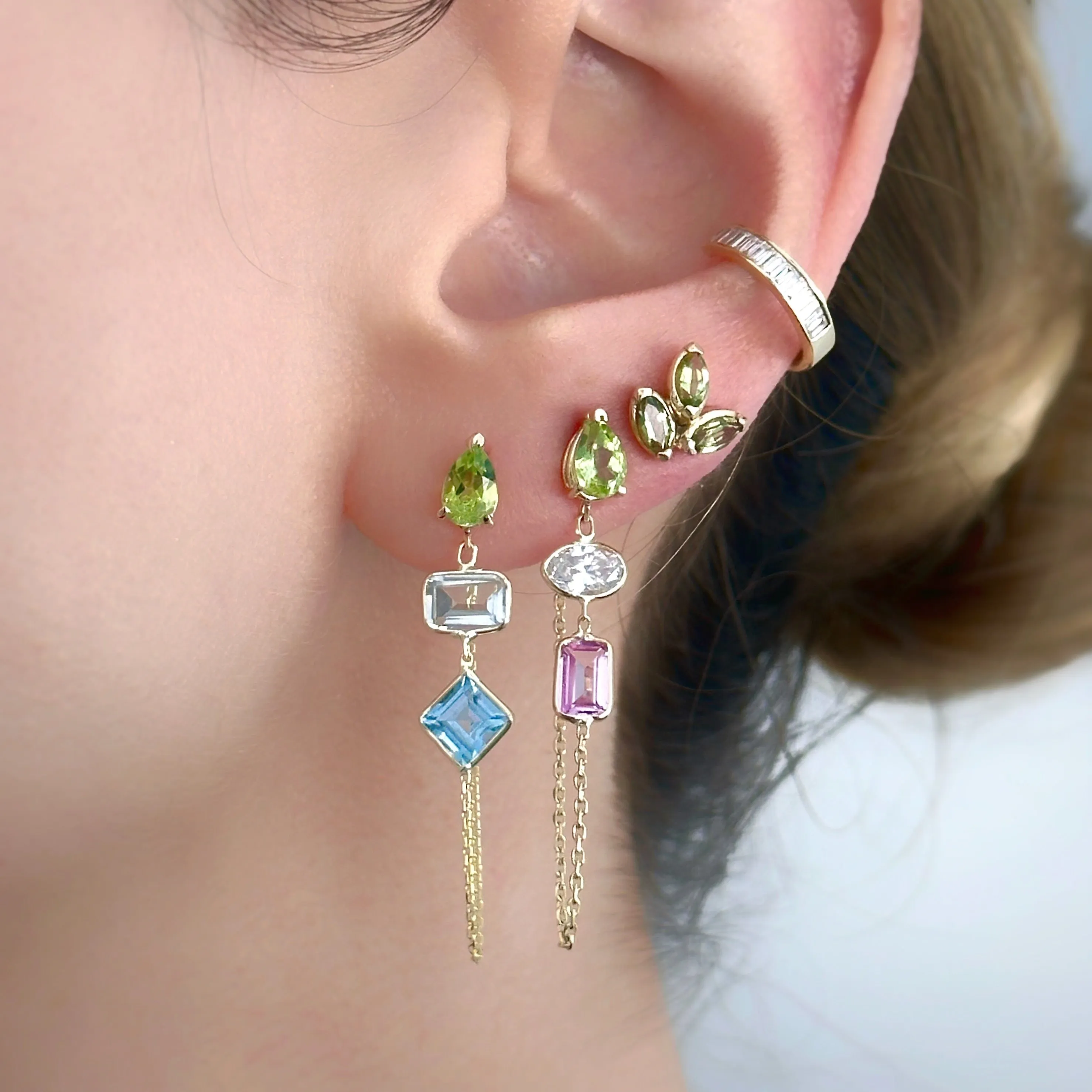 14K Yellow Gold Drop, Oval And Emerald Cut Peridot, White And Pink Gemstones Chain Studs