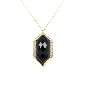 14k Yellow Gold Faceted Onyx & Diamond Necklace (I7722)