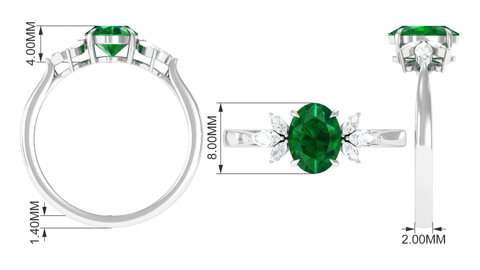 1.50 CT Claw Set Oval shape Emerald Solitaire and Marquise Diamond Trio Ring