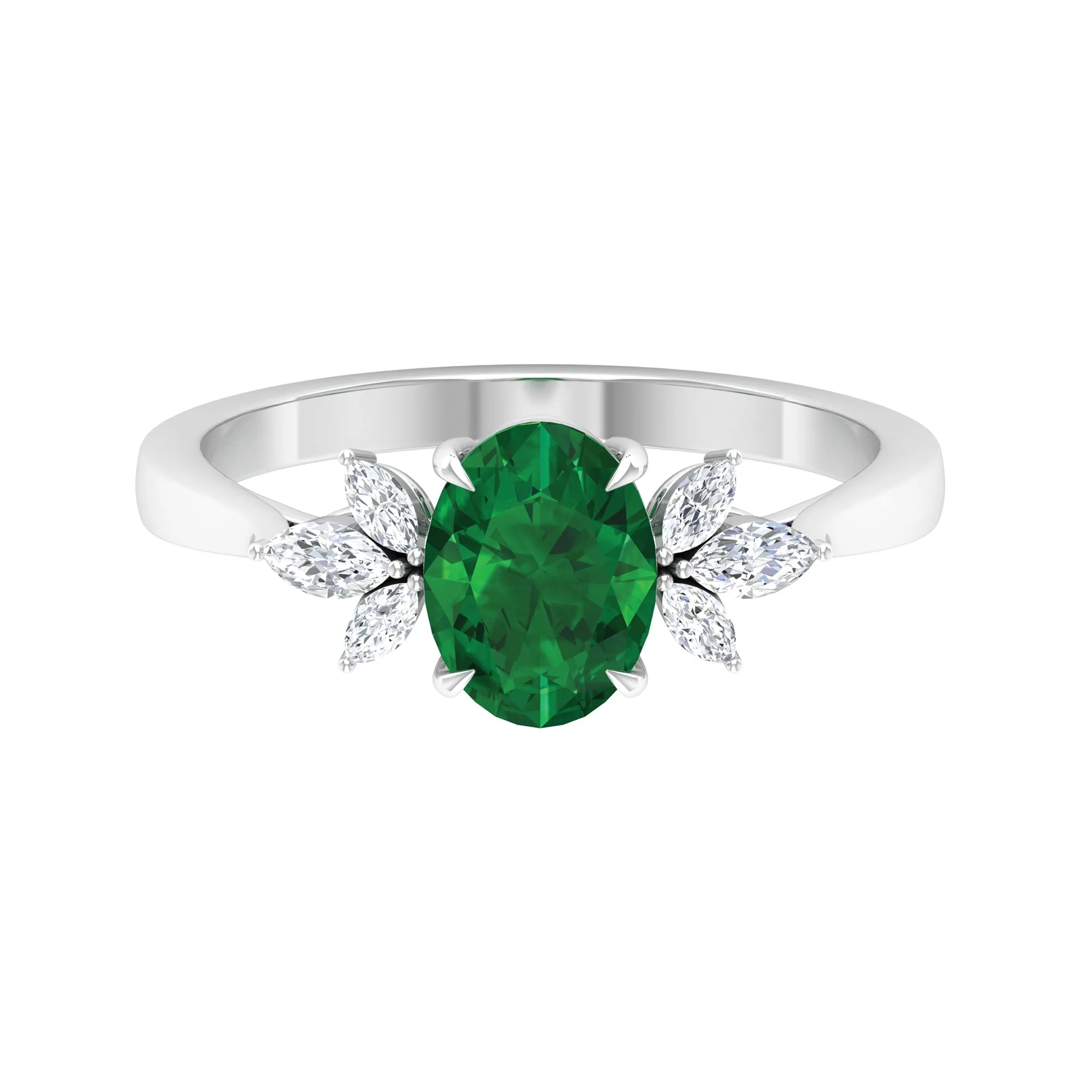 1.50 CT Claw Set Oval shape Emerald Solitaire and Marquise Diamond Trio Ring