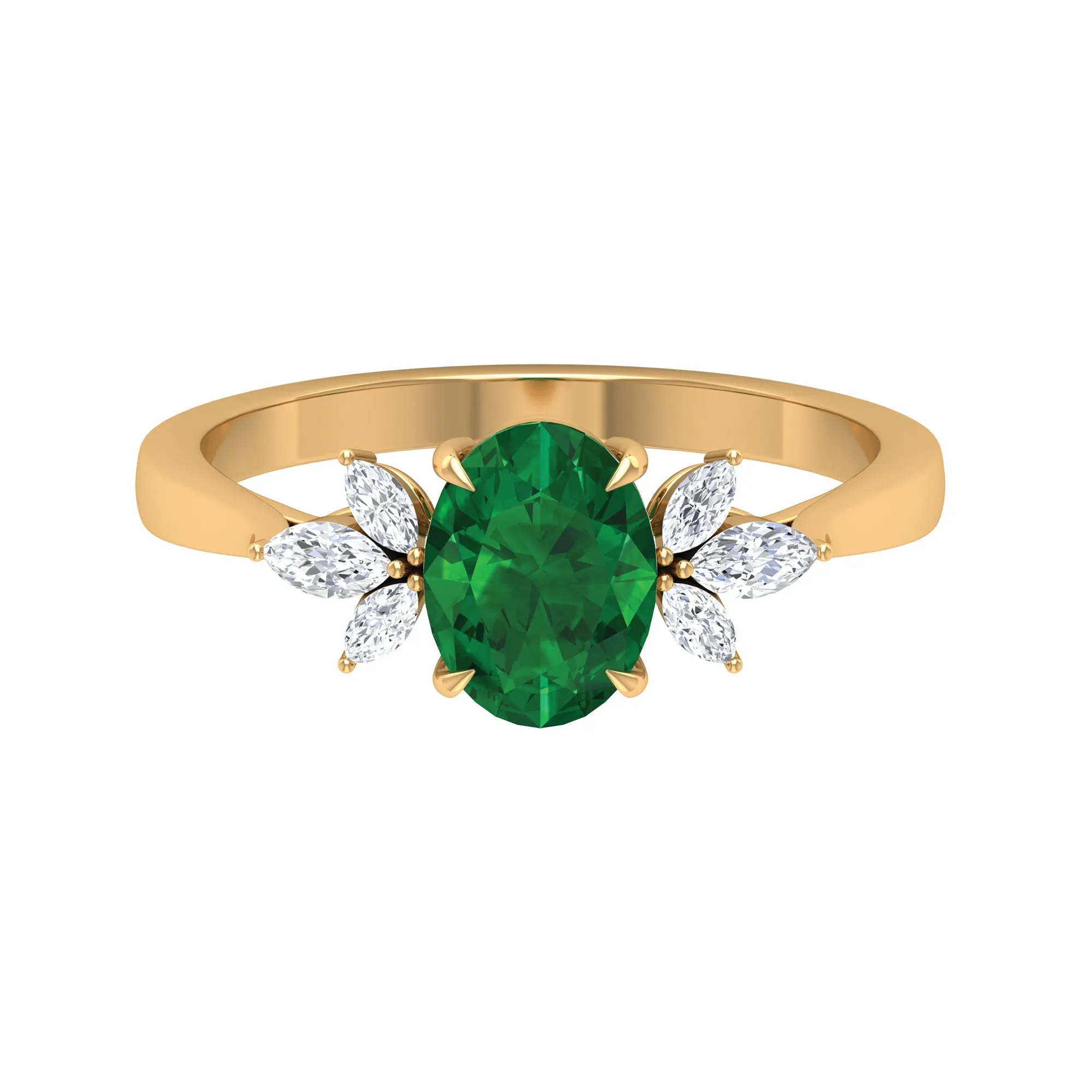 1.50 CT Claw Set Oval shape Emerald Solitaire and Marquise Diamond Trio Ring