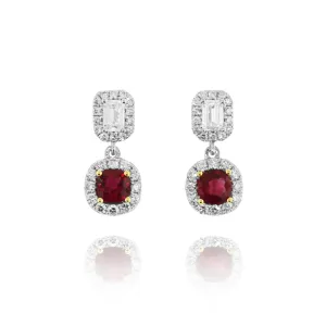 18K Yellow & White Ruby and Natural Diamond Dangle Earrings