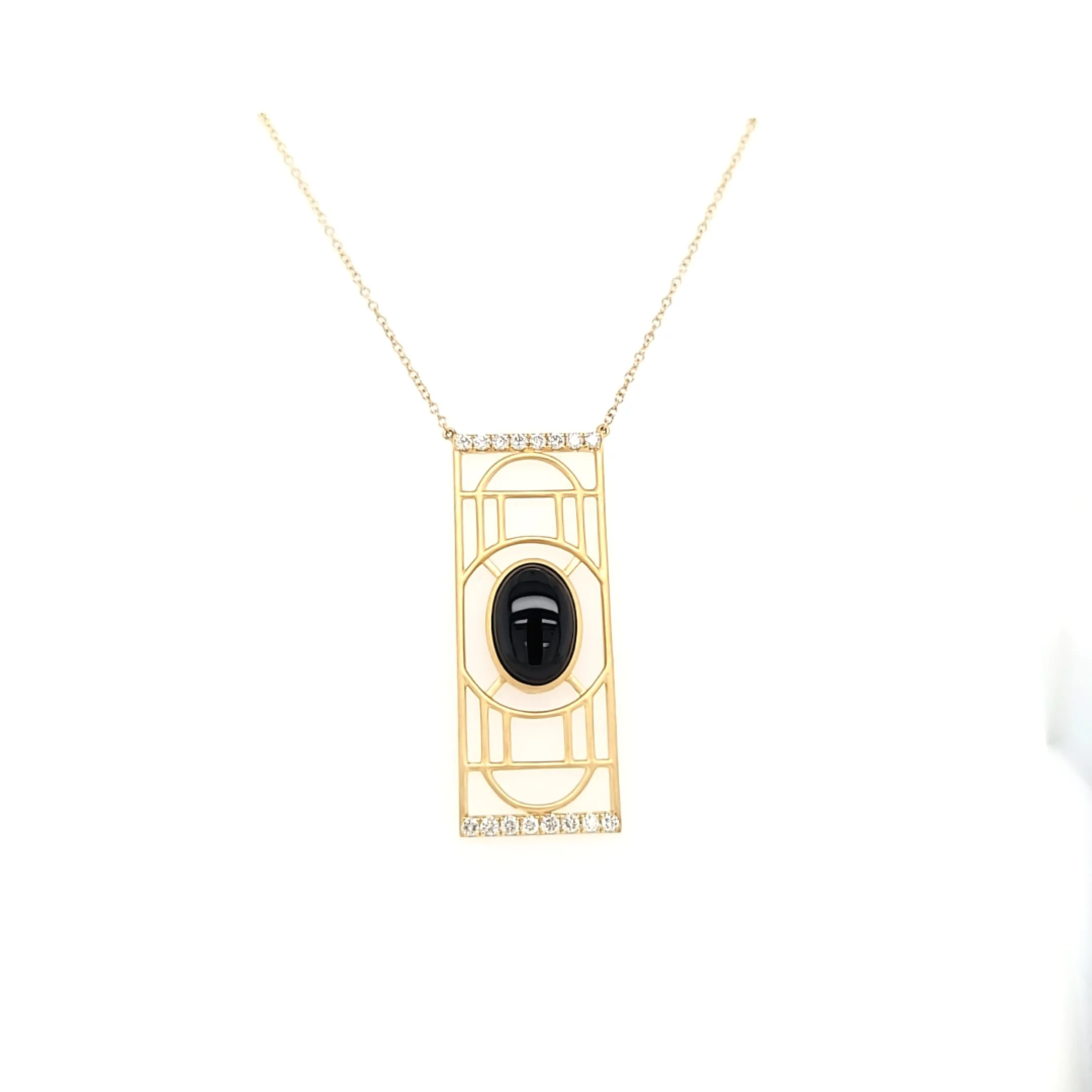 18k Yellow Gold Art Deco Onyx & Diamond Necklace (I6605)