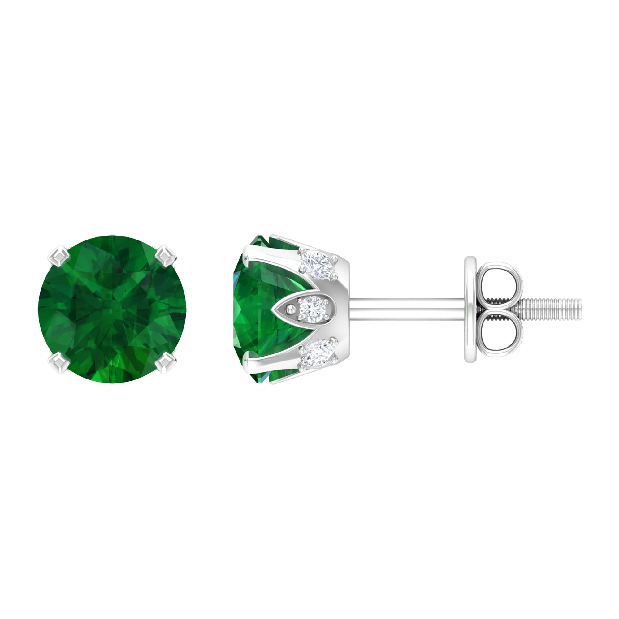 2 CT Created Emerald Solitaire Stud Earrings with Diamond Accent