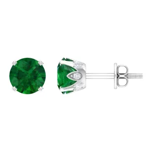 2 CT Created Emerald Solitaire Stud Earrings with Diamond Accent