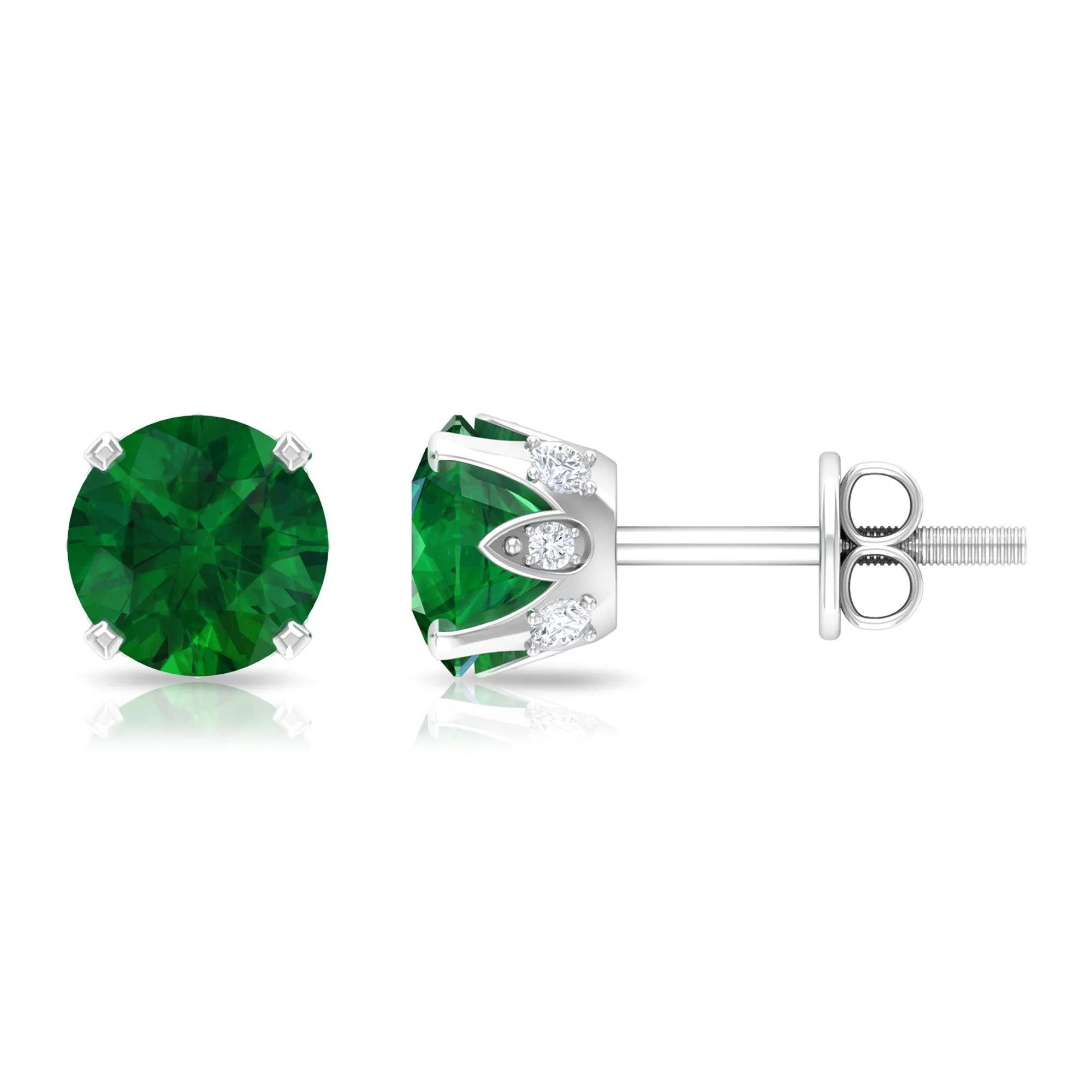 2 CT Created Emerald Solitaire Stud Earrings with Diamond Accent