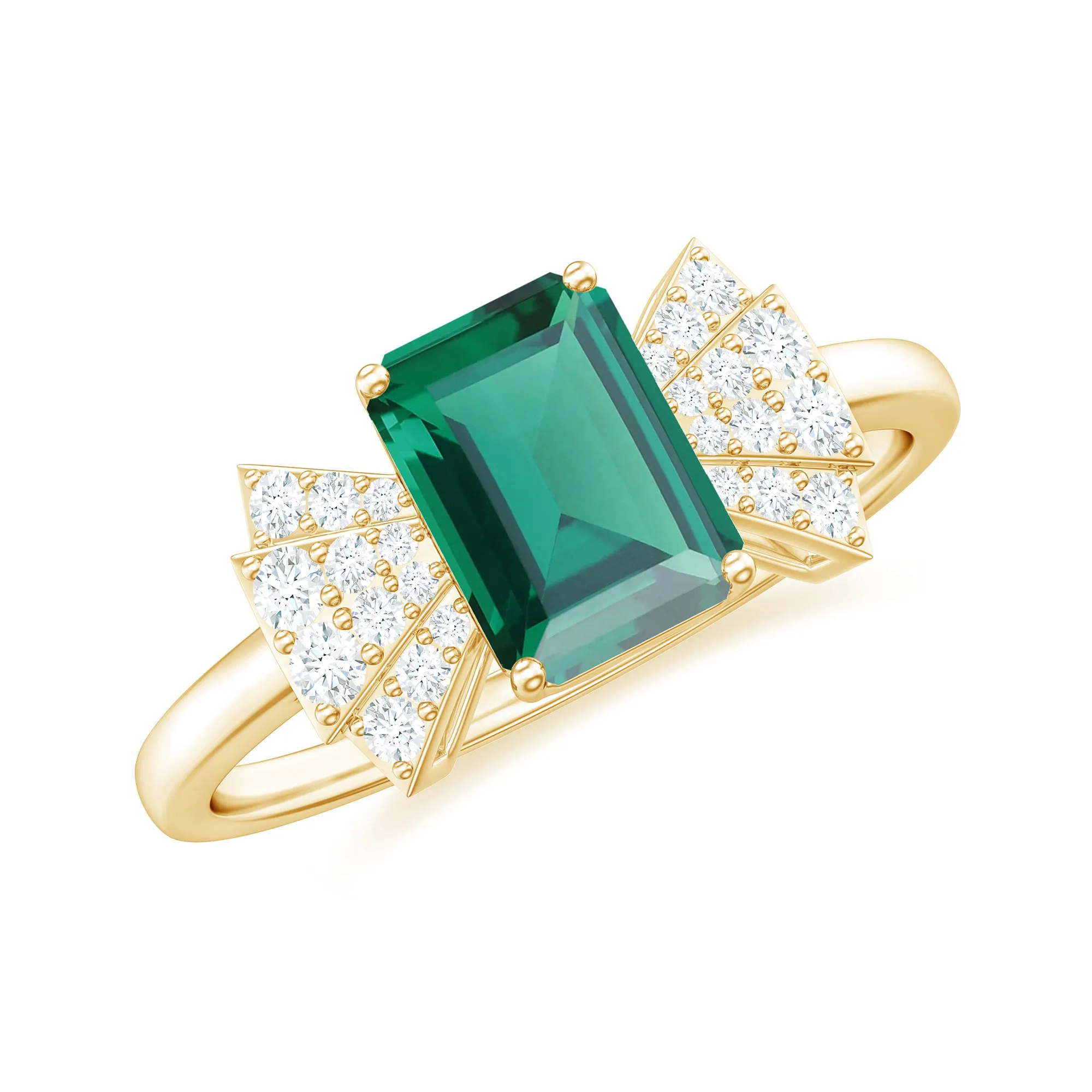 2 CT Octagon Cut Created Emerald and Diamond Solitaire Engagement Ring