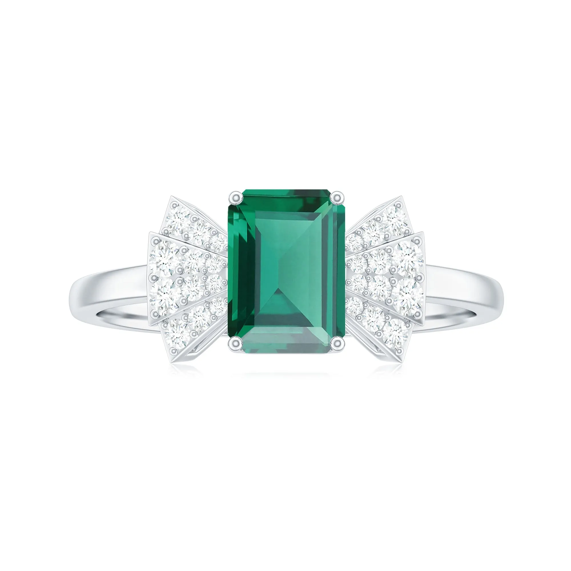 2 CT Octagon Cut Created Emerald and Diamond Solitaire Engagement Ring