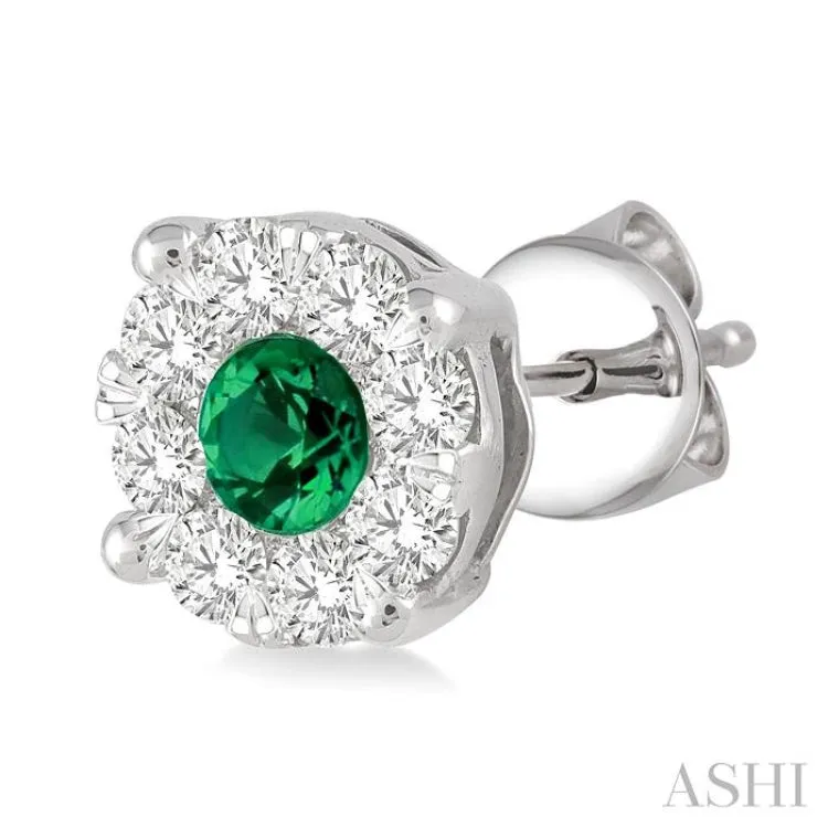 3.2 mm Round Cut Emerald and 1/2 Ctw Lovebright Diamond Earrings in 14K White Gold