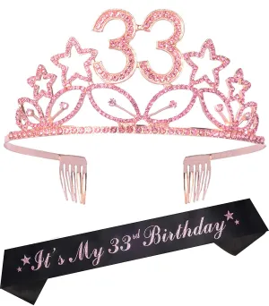 33rd Birthday Gifts for Women, 33rd Birthday Tiara and Sash pink, HAPPY 33rd Birthday