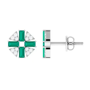 3/4 CT Baguette Cut Emerald and Diamond Contemporary Stud Earrings