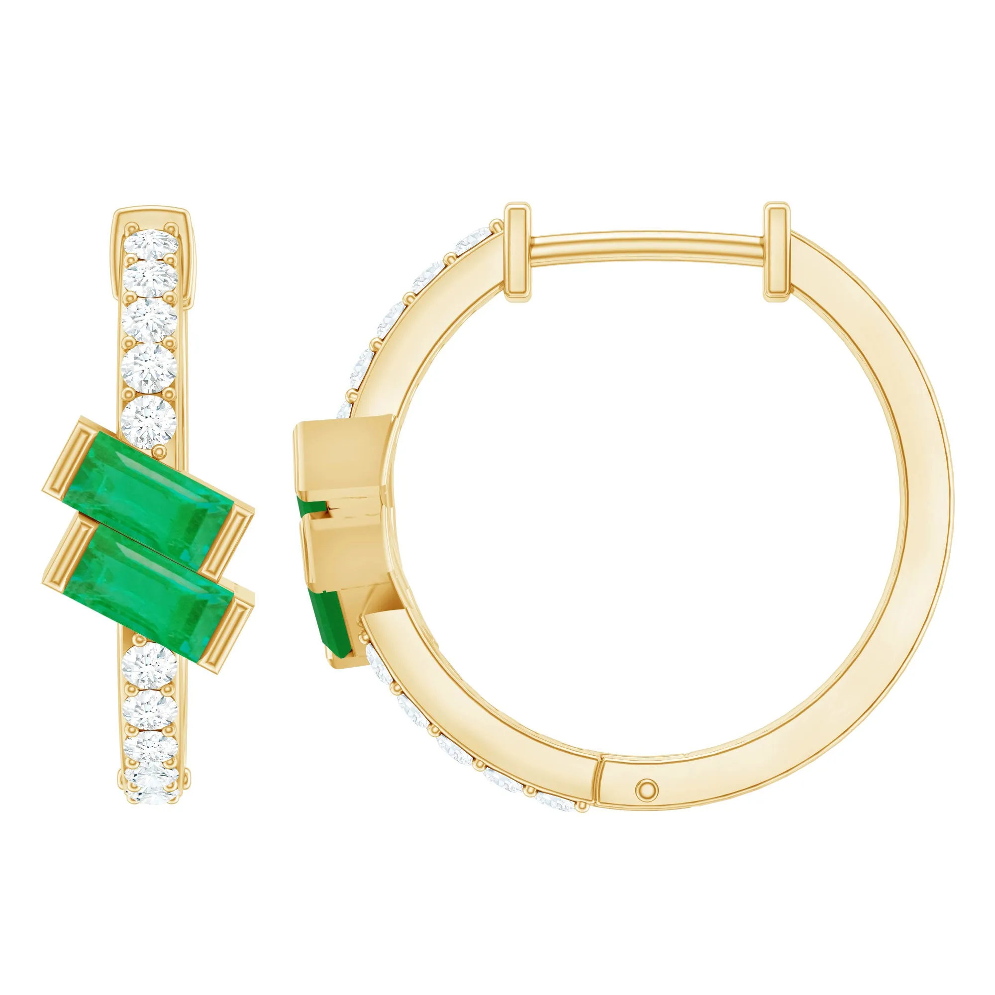 3/4 CT Bar Set Baguette Emerald and Diamond Minimal Hoop Earrings