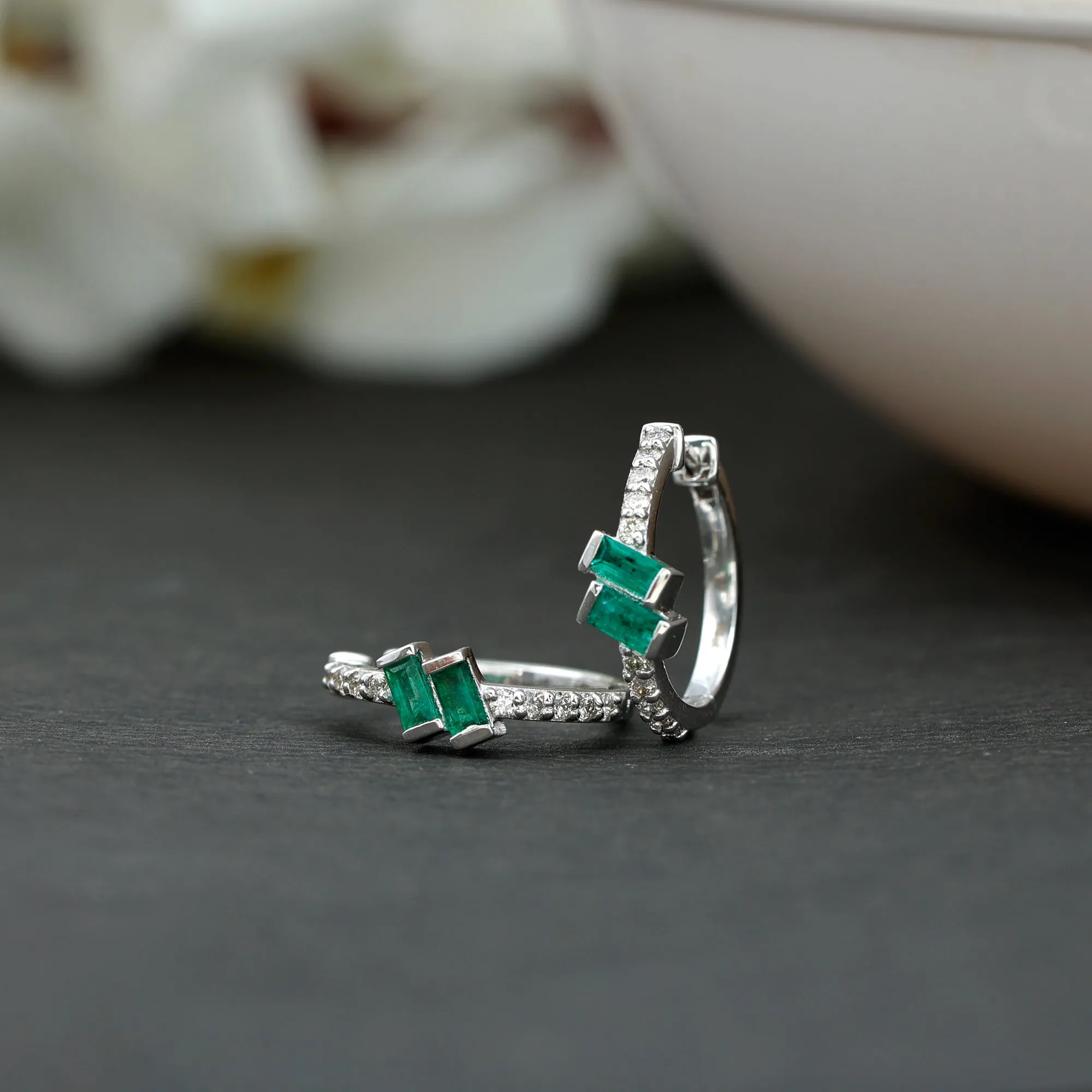 3/4 CT Bar Set Baguette Emerald and Diamond Minimal Hoop Earrings