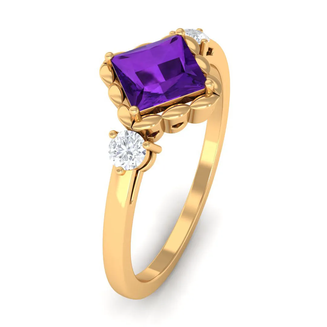 3/4 CT Princess Cut Amethyst Designer Engagement Ring with Diamond