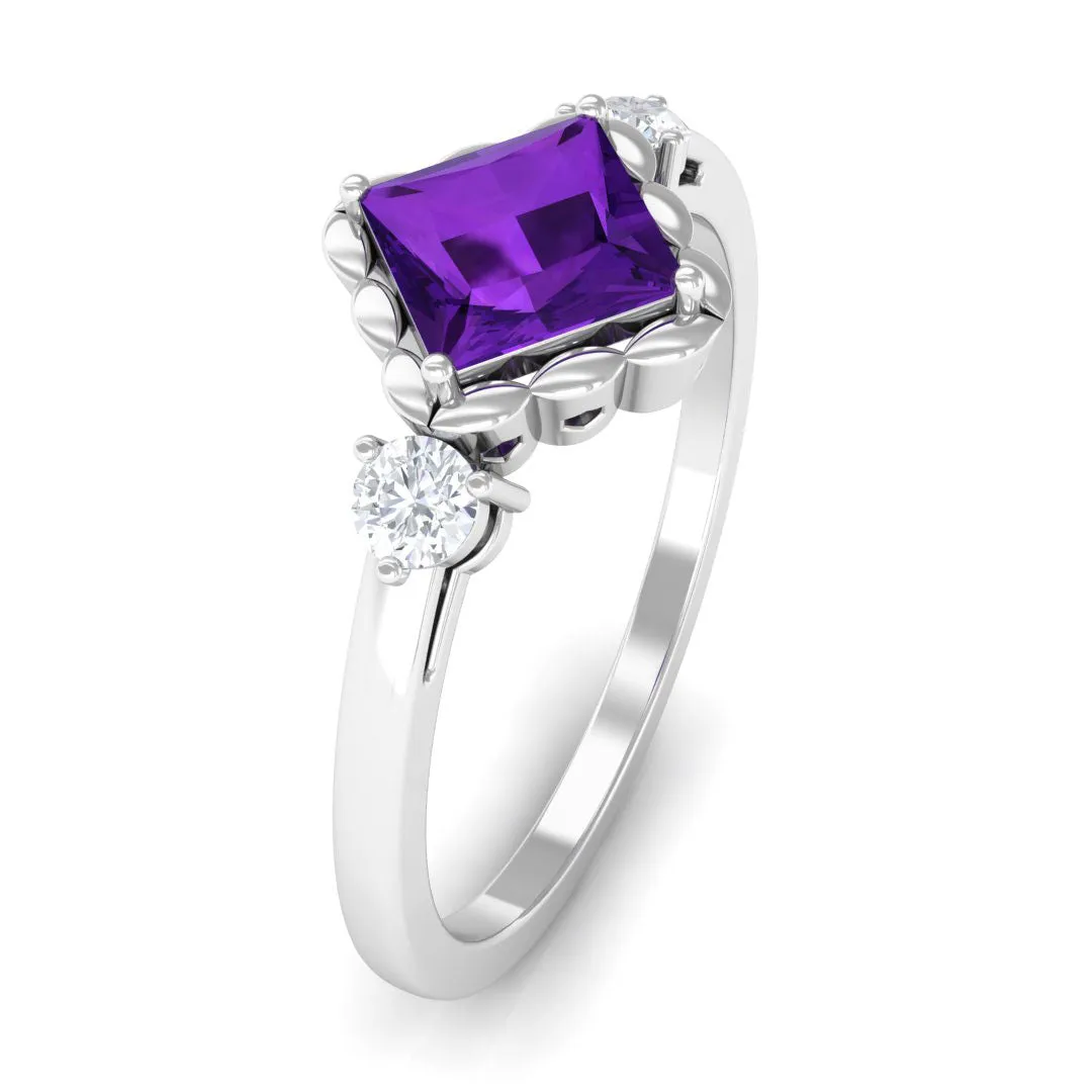 3/4 CT Princess Cut Amethyst Designer Engagement Ring with Diamond