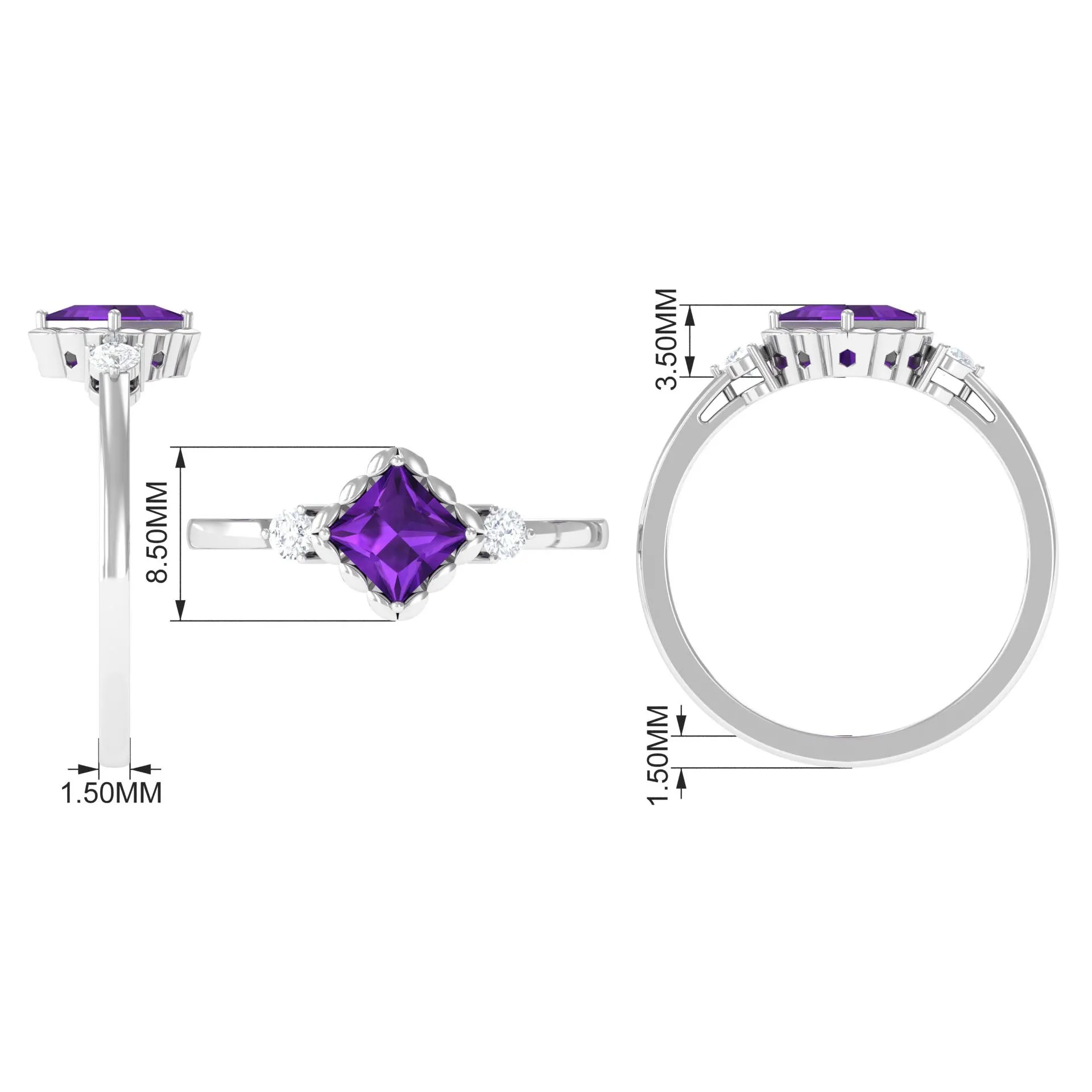 3/4 CT Princess Cut Amethyst Designer Engagement Ring with Diamond