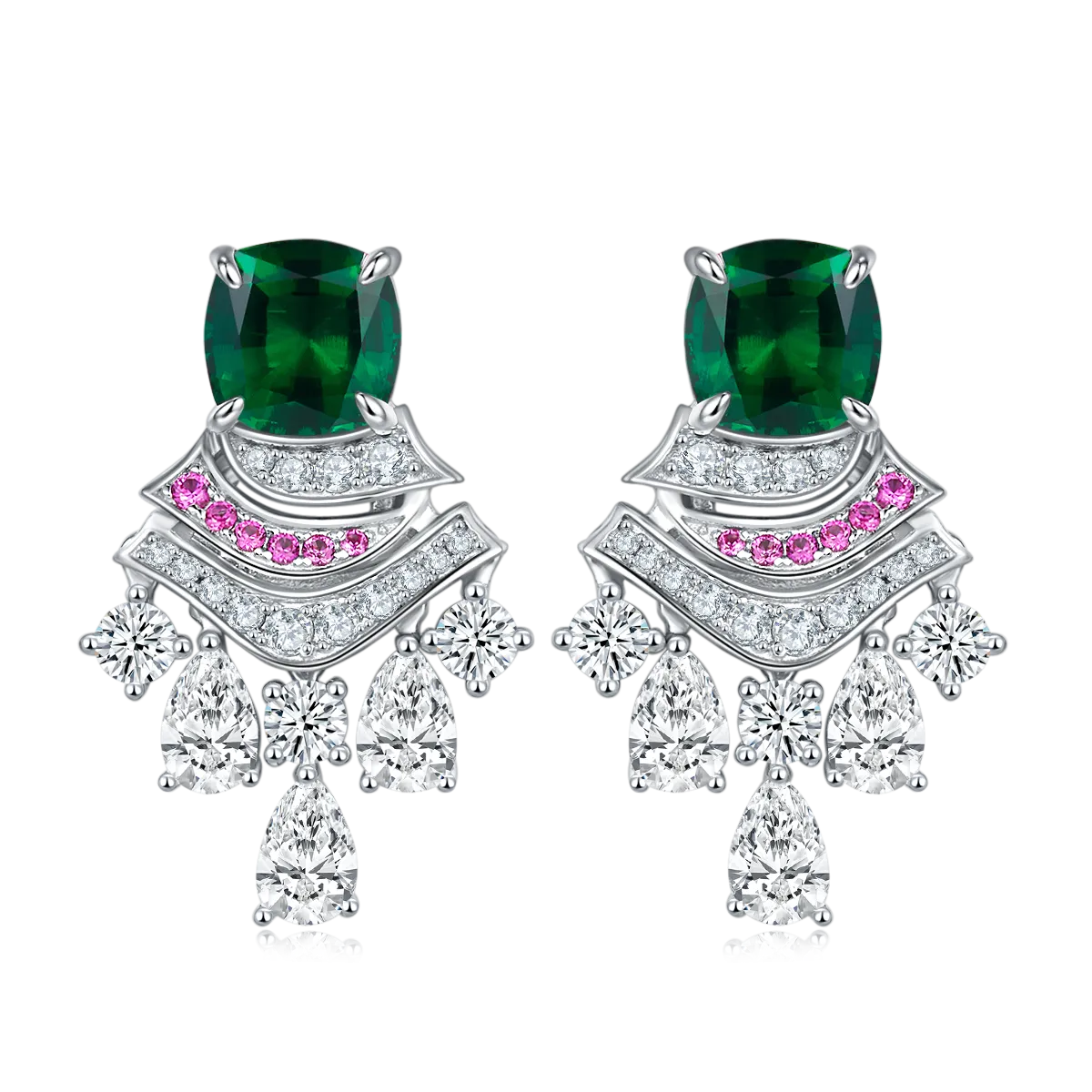 5.95 Carat Cushion Cut Lab Created Colored Gemstone S925 Sterling Silver Platinum Skirt Drop Earrings