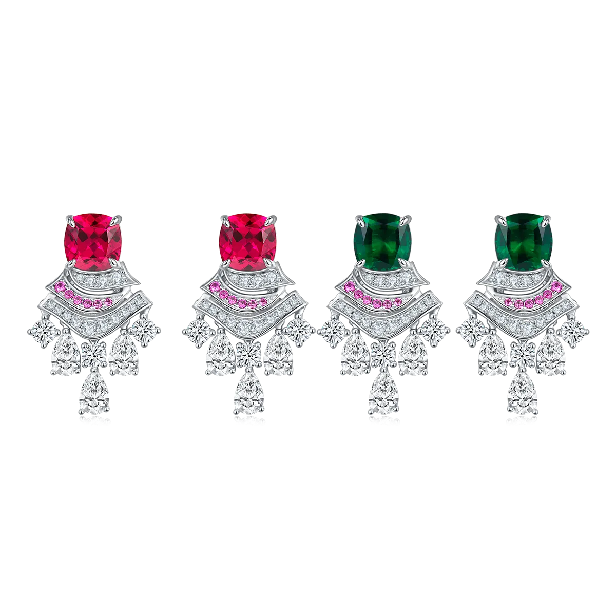 5.95 Carat Cushion Cut Lab Created Colored Gemstone S925 Sterling Silver Platinum Skirt Drop Earrings