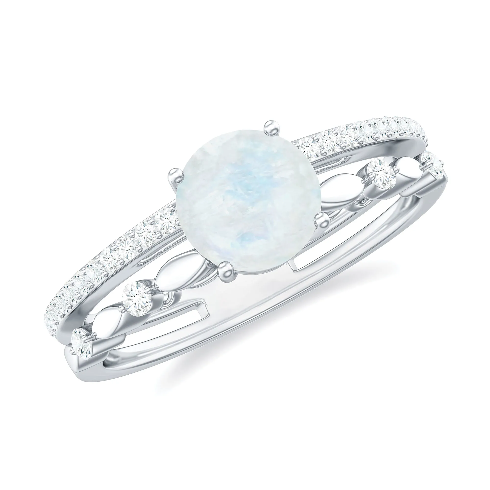 6 MM Moonstone Double Band Solitaire Engagement Ring with Diamond