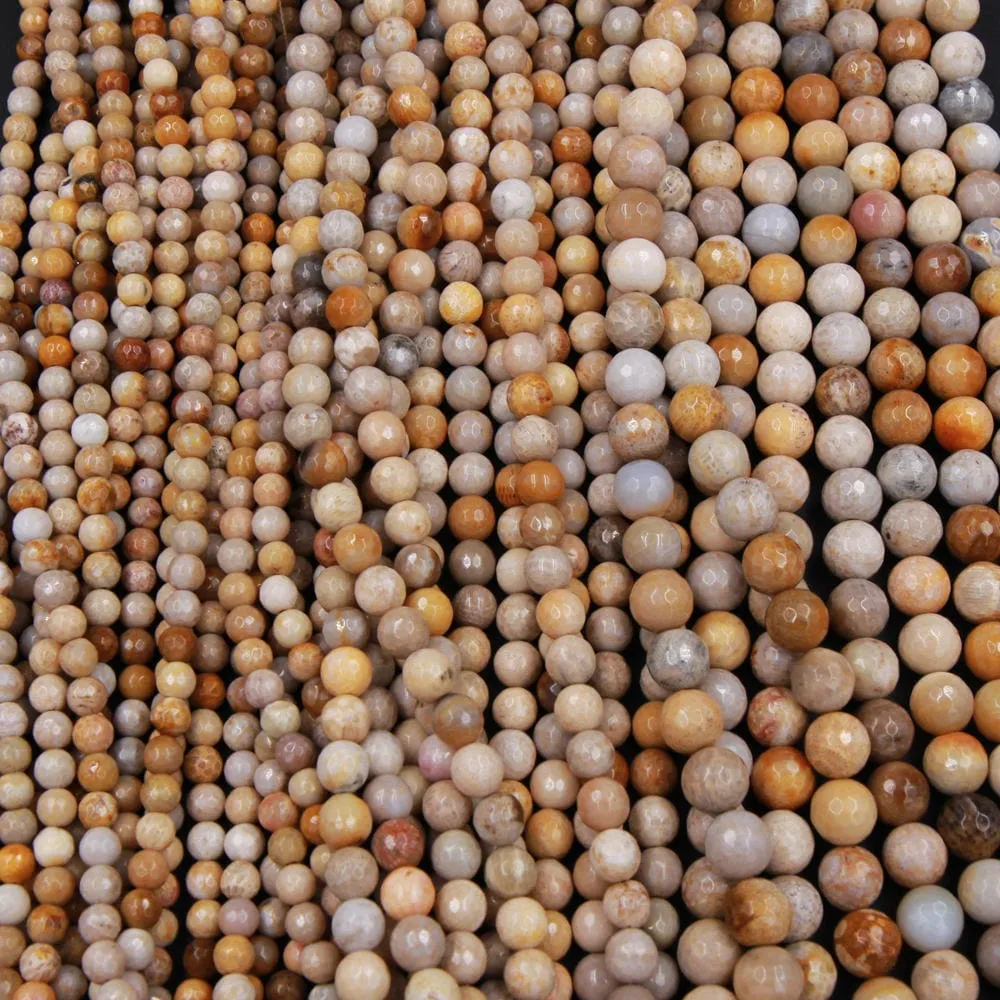 A Grade Natural Fossil Coral Faceted Round Beads 6mm Round Beads 8mm Round Beads Faceted 10mm Round Beads Brown Tan Beige Beads 16" Strand