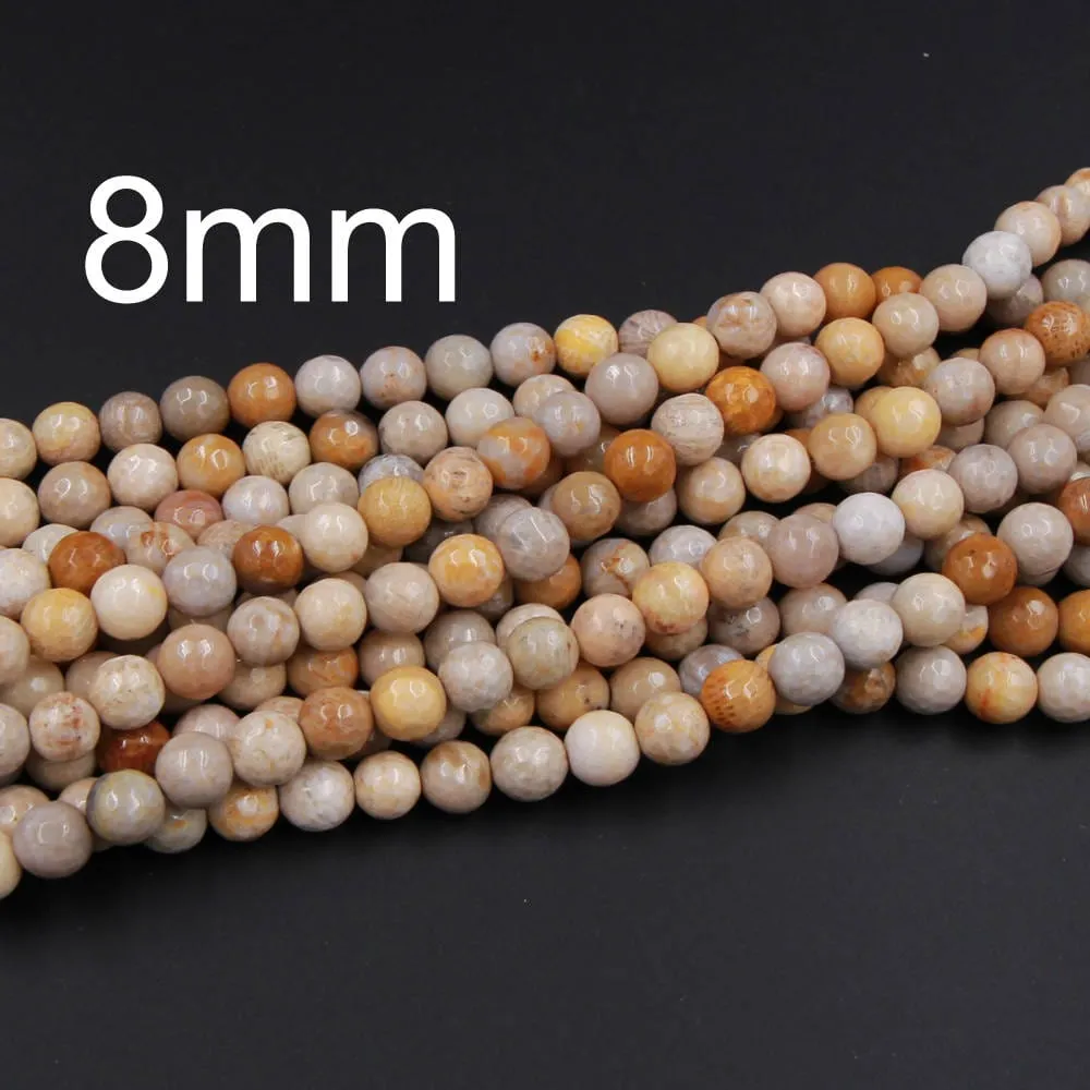 A Grade Natural Fossil Coral Faceted Round Beads 6mm Round Beads 8mm Round Beads Faceted 10mm Round Beads Brown Tan Beige Beads 16" Strand