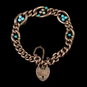 Antique Edwardian Turquoise Pearl Bracelet 9Ct Rose Gold Dated 1901