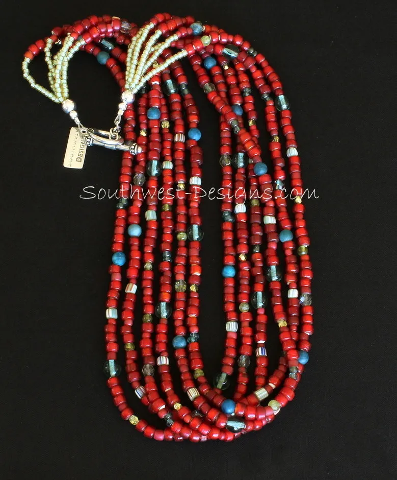 Antique Red White Heart Bead 6-Strand Necklace with Apatite and Peridot Rounds, Indonesian Glass, Fire Polished Glass and Sterling Silver