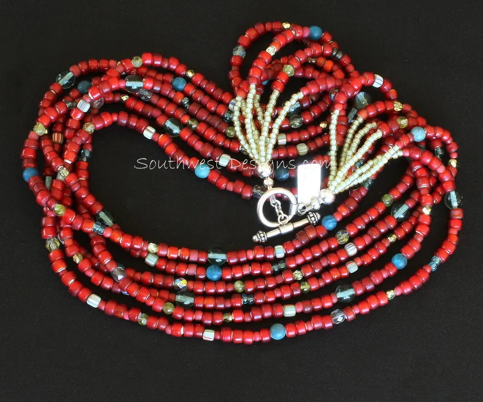 Antique Red White Heart Bead 6-Strand Necklace with Apatite and Peridot Rounds, Indonesian Glass, Fire Polished Glass and Sterling Silver