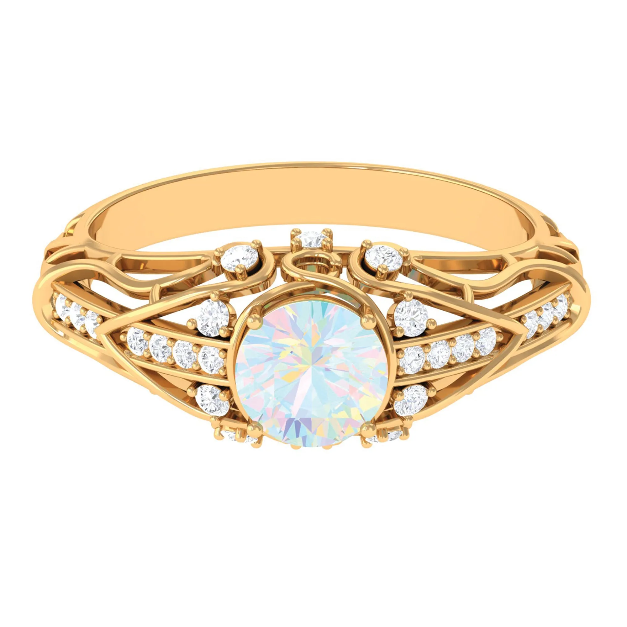 Antique Style Round Ethiopian Opal Engagement Ring with Diamond