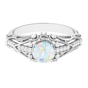 Antique Style Round Ethiopian Opal Engagement Ring with Diamond